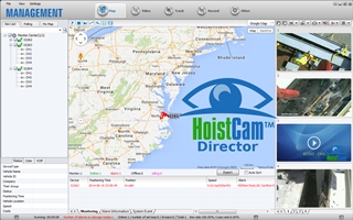 HoistCam Director enables construction owners and managers to remotely monitor an entire job site via HoistCam, SiteCam. and other cameras or drones. This screen shot displays the equipment in use, each crane's geographic location, and live video feeds from the cameras on site. Up to 16 feeds can be displayed in one window. (Netarus, LLC photo)