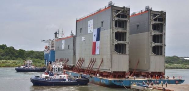 Four gates for new locks of the Panama Canal Expansion arrived at the Atlantic entrance of the waterway. (Photo courtesy of Panama Canal Authority)