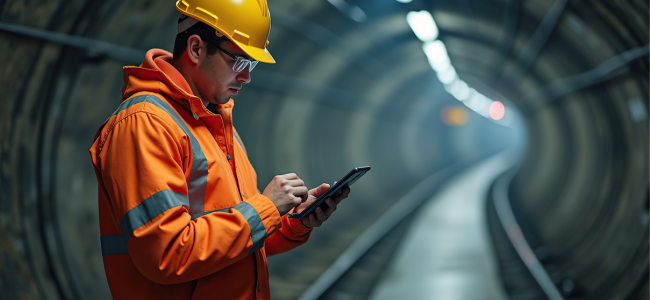 Worker using AI tech in a tunnel.