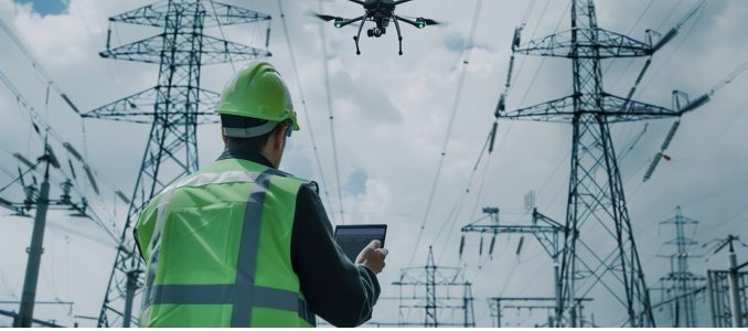 Utility Worker Operates a Drone