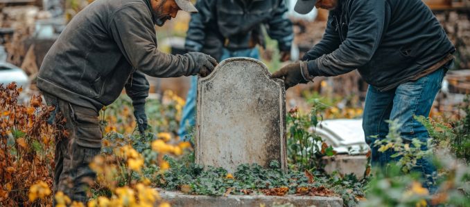 Workers Touching a Grave Stone