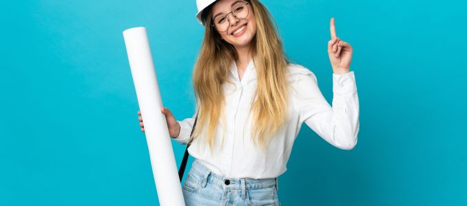 Female in Hard Hat with Finger Up
