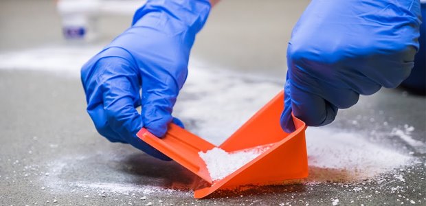 Sweep up any debris caused by the spill or the cleanup operation and dispose of it properly. It is advisable for workers to wear masks during any sweep-up operations involving a spill.