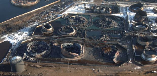 This photo from the final report of the Major Incident Investigation Board shows the Buncefield depot after the explosion. (Photo is © Chiltern Air Support)