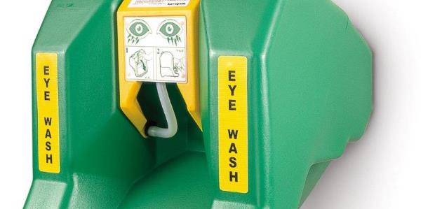 Plumbed eyewash stations are permanently connected to a source of potable water, whereas portable stations are self-contained gravity-fed units with their own flushing fluid that must be replaced after each use. (Radians photo)