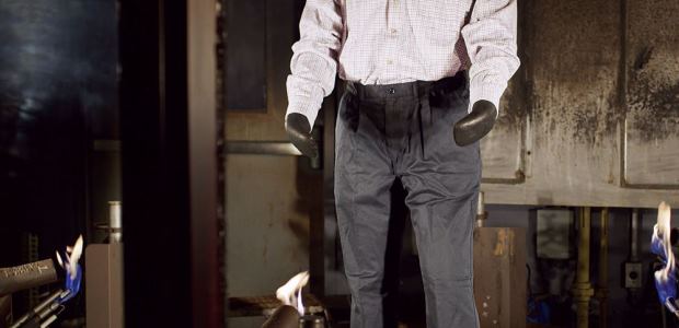 Test manikin before exposure, dressed in non-inherent shirt and inherent pants. (DuPont Protection Solutions photo)